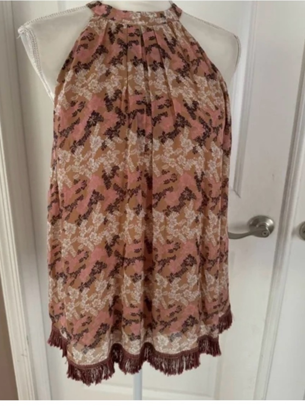 Pinko Pink and Brown Floral Fringe Halter Top